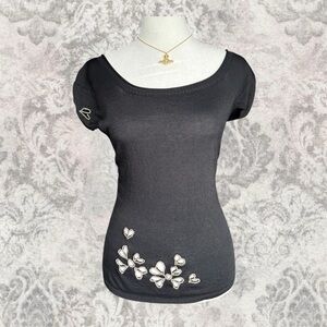 Black Beaded Floral Whimsigoth Vintage Ribbed Women’s Small Cutout Tee
